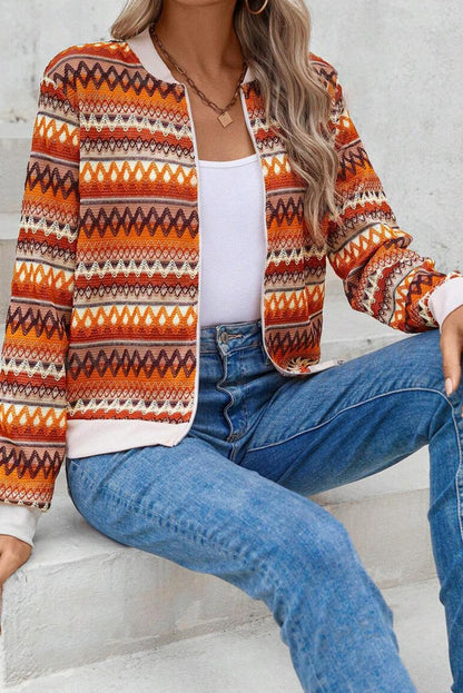 Boho Striped Zip Up Long Sleeve Jacket | Orange