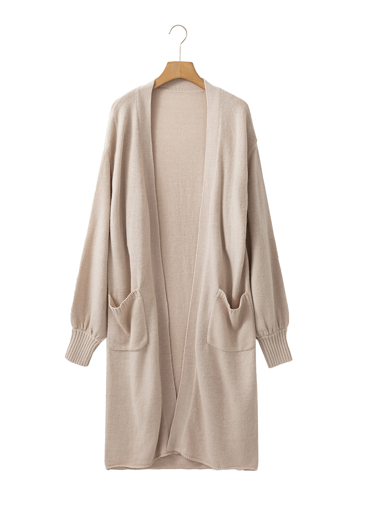 Side Pockets Open Front Long Knitted Cardigan | Beige