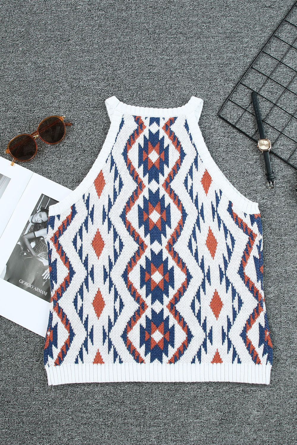 Aztec Geometric Print Knitted Tank Top | White