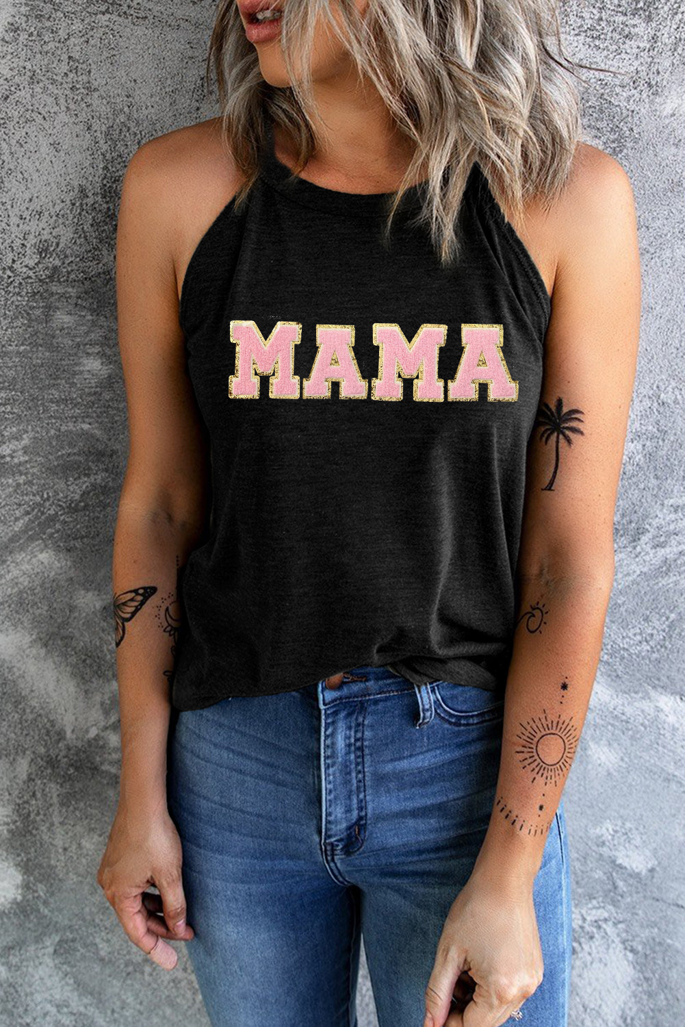 Mama Chenille Patched O Neck Tank Top | Black