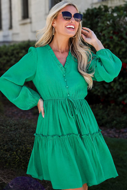 Frilly V Neck Puff Sleeve Drawstring Shift Mini Dress | Sea Green