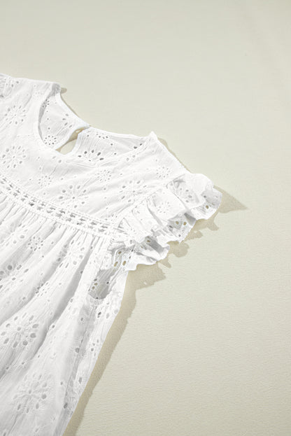 Eyelet Embroidered Ruffled Flutter Sleeve Blouse | White