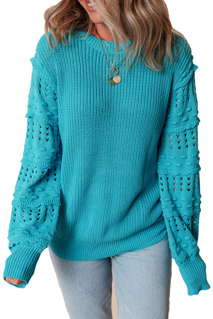 Ruffled Eyelet Bubble Sleeve Sweater | Turquoise