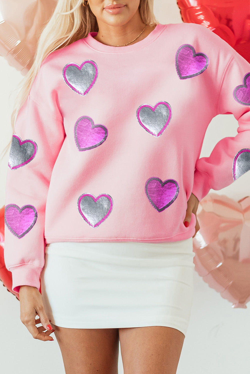 Valentines Heart Patched Drop Shoulder Sweatshirt | Pink