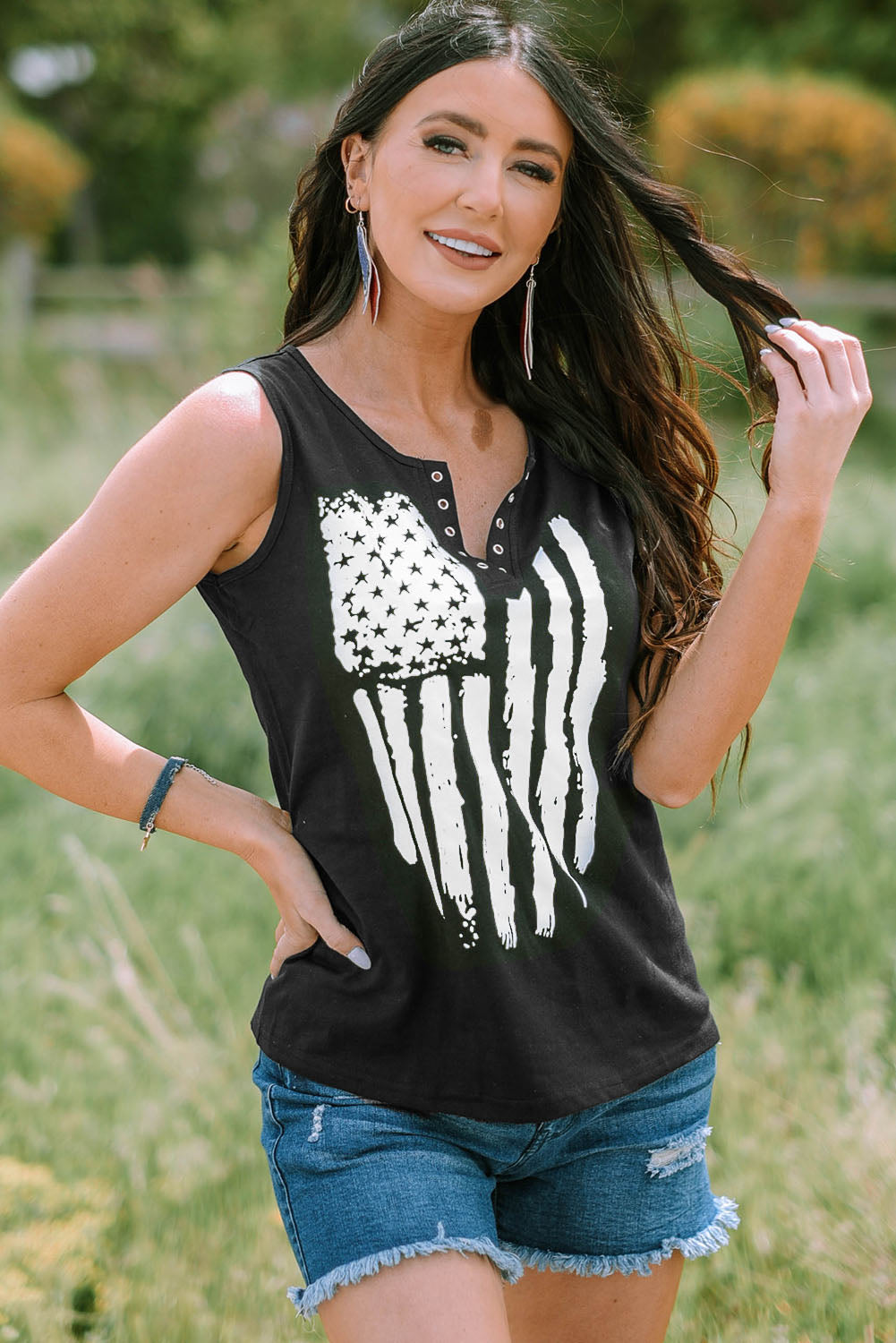 Usa Flag Graphic Split V Neck Tank Top | Black