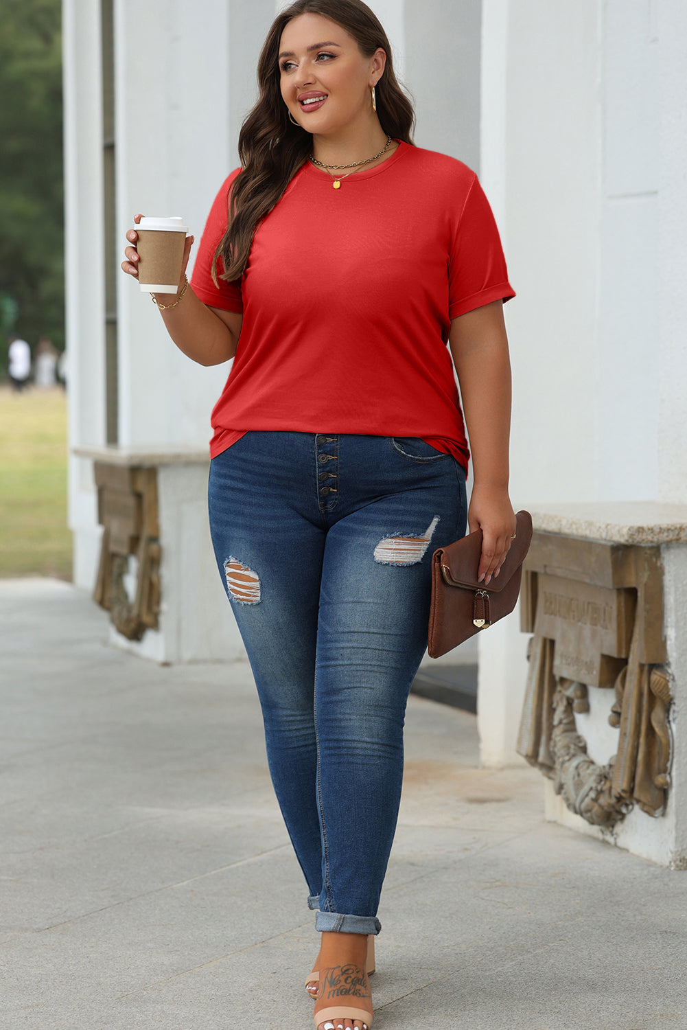 Casual Plain Crew Neck Tee | Red