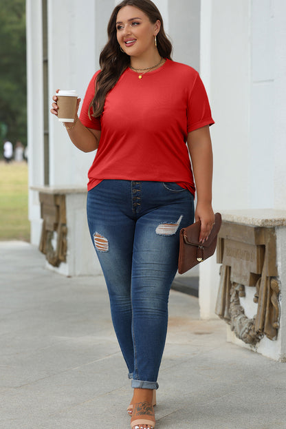 Casual Plain Crew Neck Tee | Red