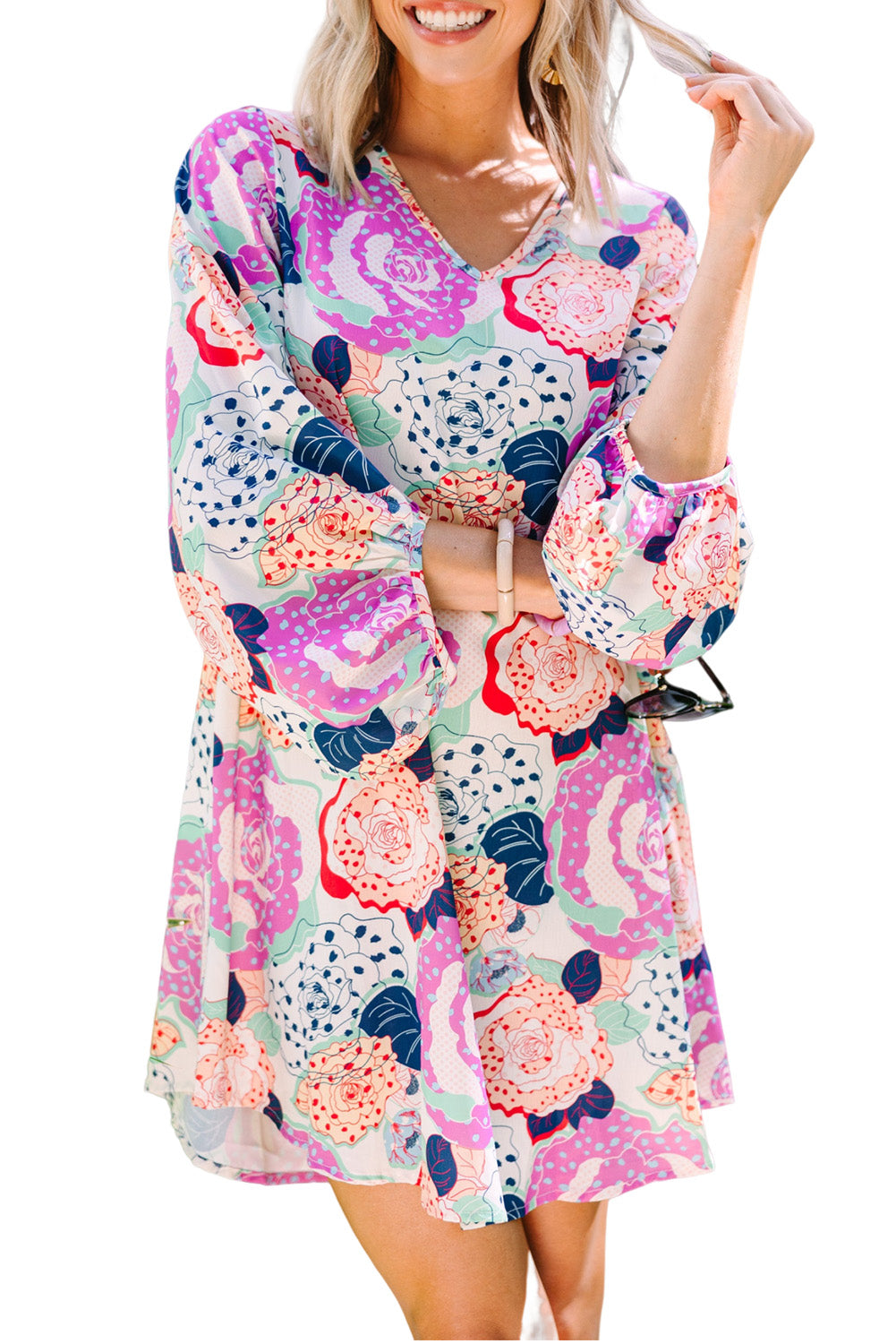 Bracelet Bubble Sleeve Blooming Flower Print Dress | Multicolour