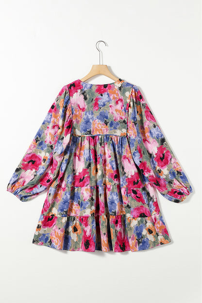 Floral Tie Neck Bubble Sleeve Shift Dress | Multicolour