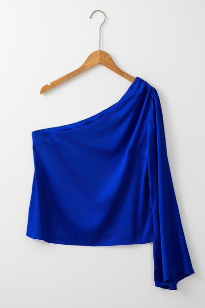 Asymmetric One Shoulder Bell Sleeve Satin Blouse | Dark Blue