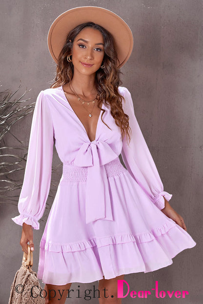 Deep V Neck Lantern Sleeve Knotted Tiered Mini Dress | Pink