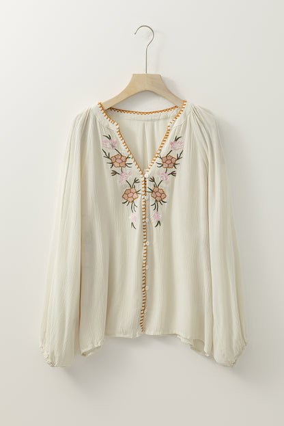 Floral Embroidered Textured Puff Sleeve Loose Shirt | Beige