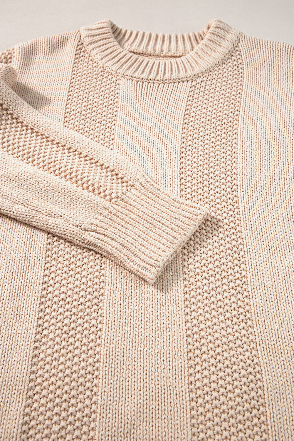 Solid Colour Cable Knit Ribbed Loose Sweater | Pale Khaki