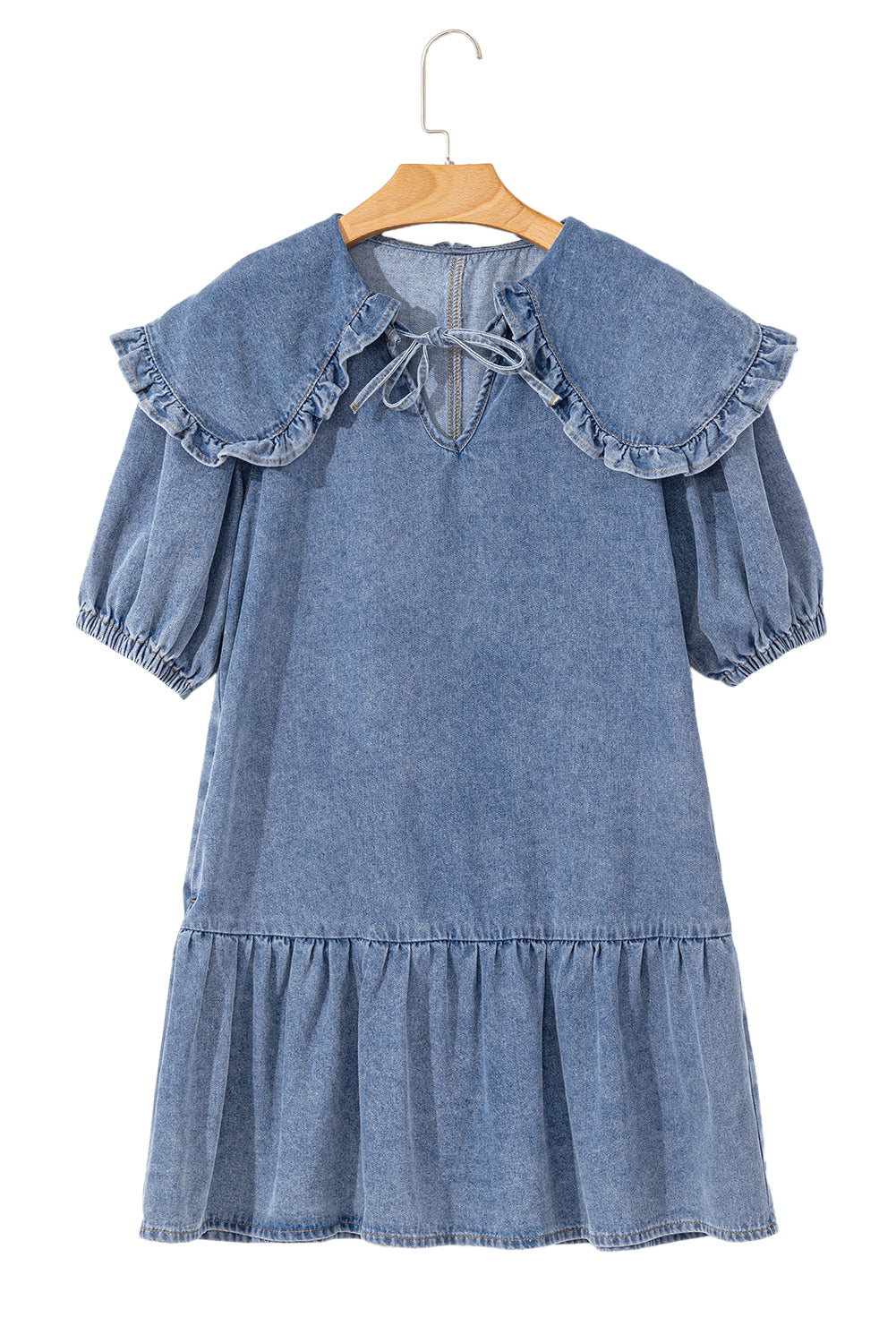 Ruffled Collared Side Pockets Puff Sleeve Denim Mini Dress | Dusk Blue