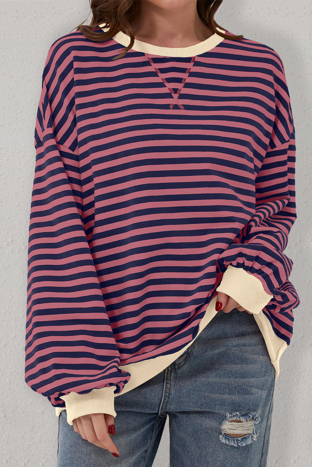 Oversized Contrast Trim Pullover Sweatshirt | Red Stripe