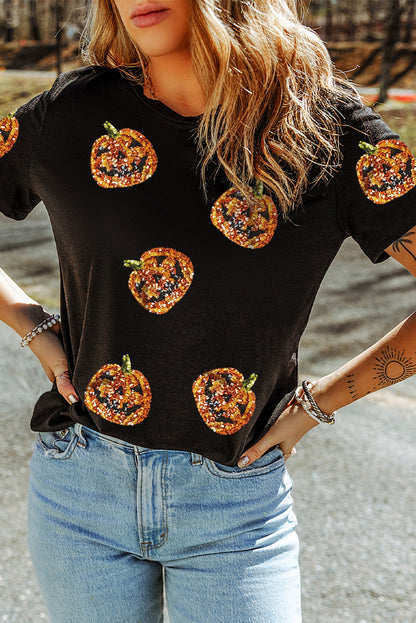 Sequin Pumpkin Face Halloween T Shirt | Black