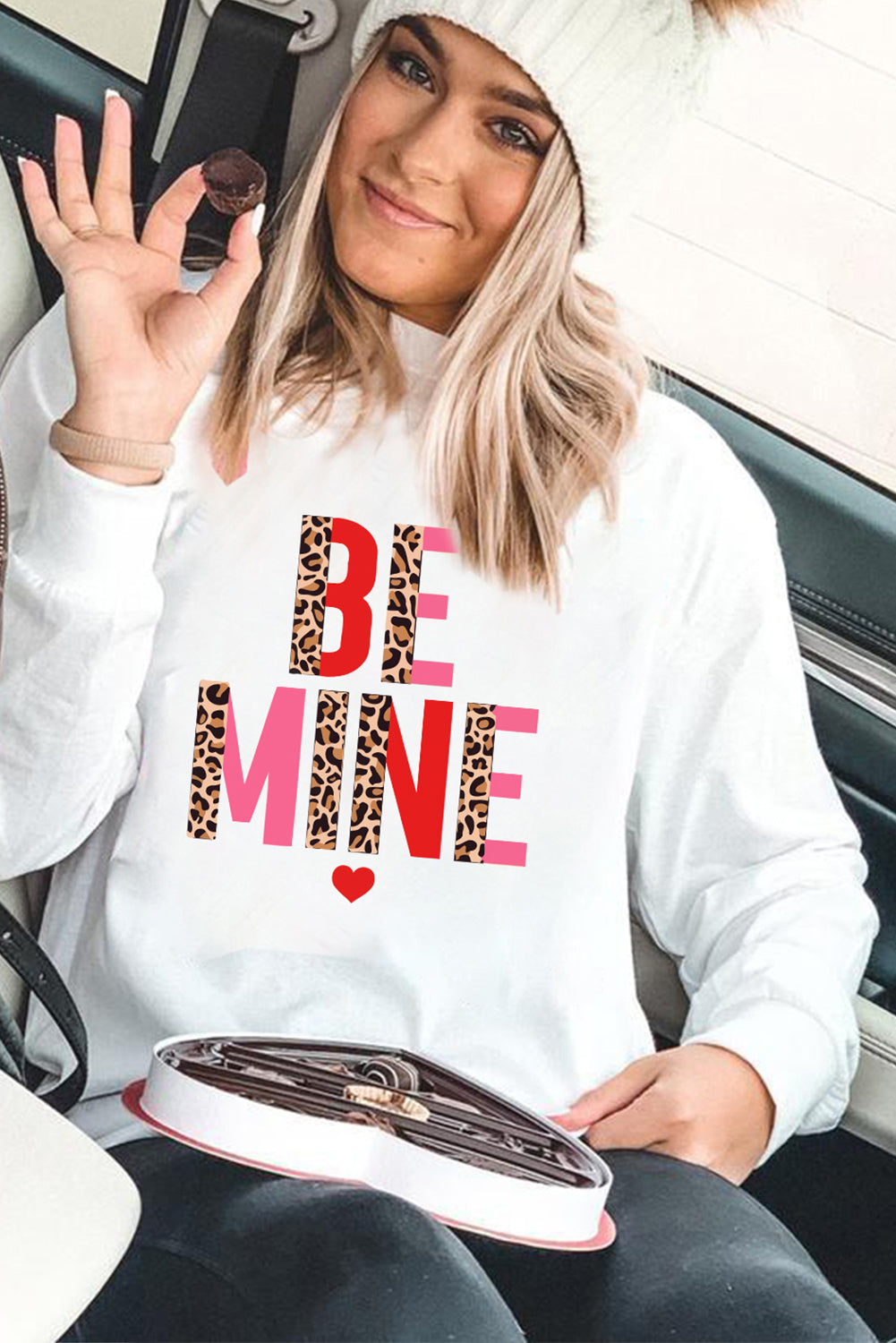 Be Mine Leopard Heart Print Long Sleeve Sweatshirt | White