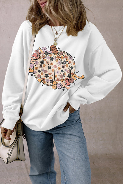 Floral Pumpkin Season Graphic Loose Sweatshirt | White