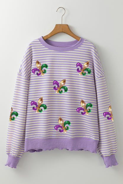 Sequin Fleur De Lis Patched Pattern Long Sleeve Top | Purple Stripe