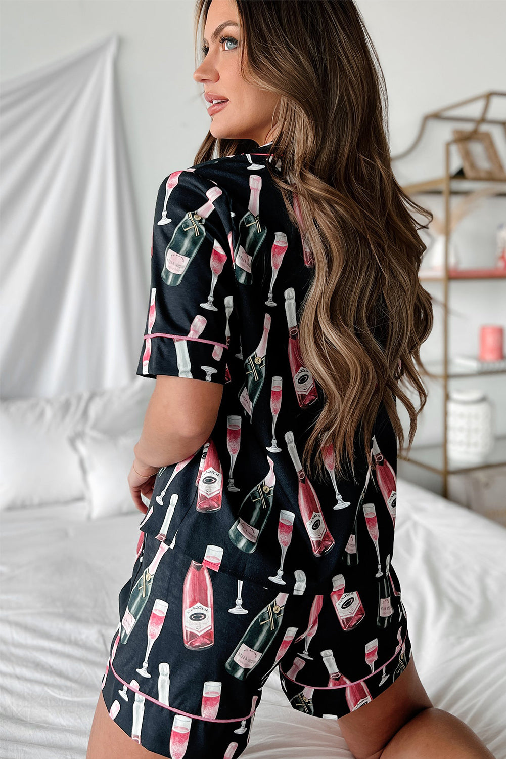 Champagne Print Silky Short Sleeve Pajamas Set | Black