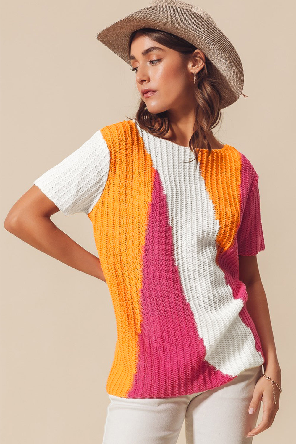 Textured Knit Colourblock Short Sleeve Sweater | Orange