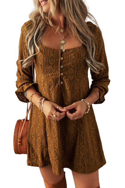 Lace Crochet Buttoned Square Neck Shift Mini Dress | Chestnut