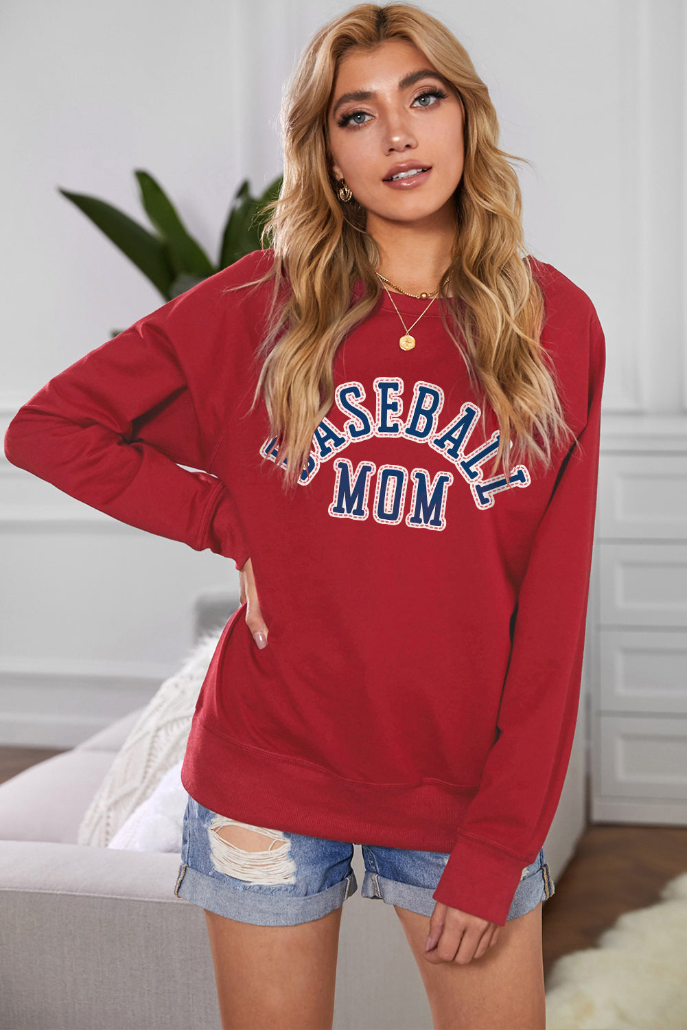 Fiery  Baseball Mom French Terry Cotton Blend Sweatshirt | Red