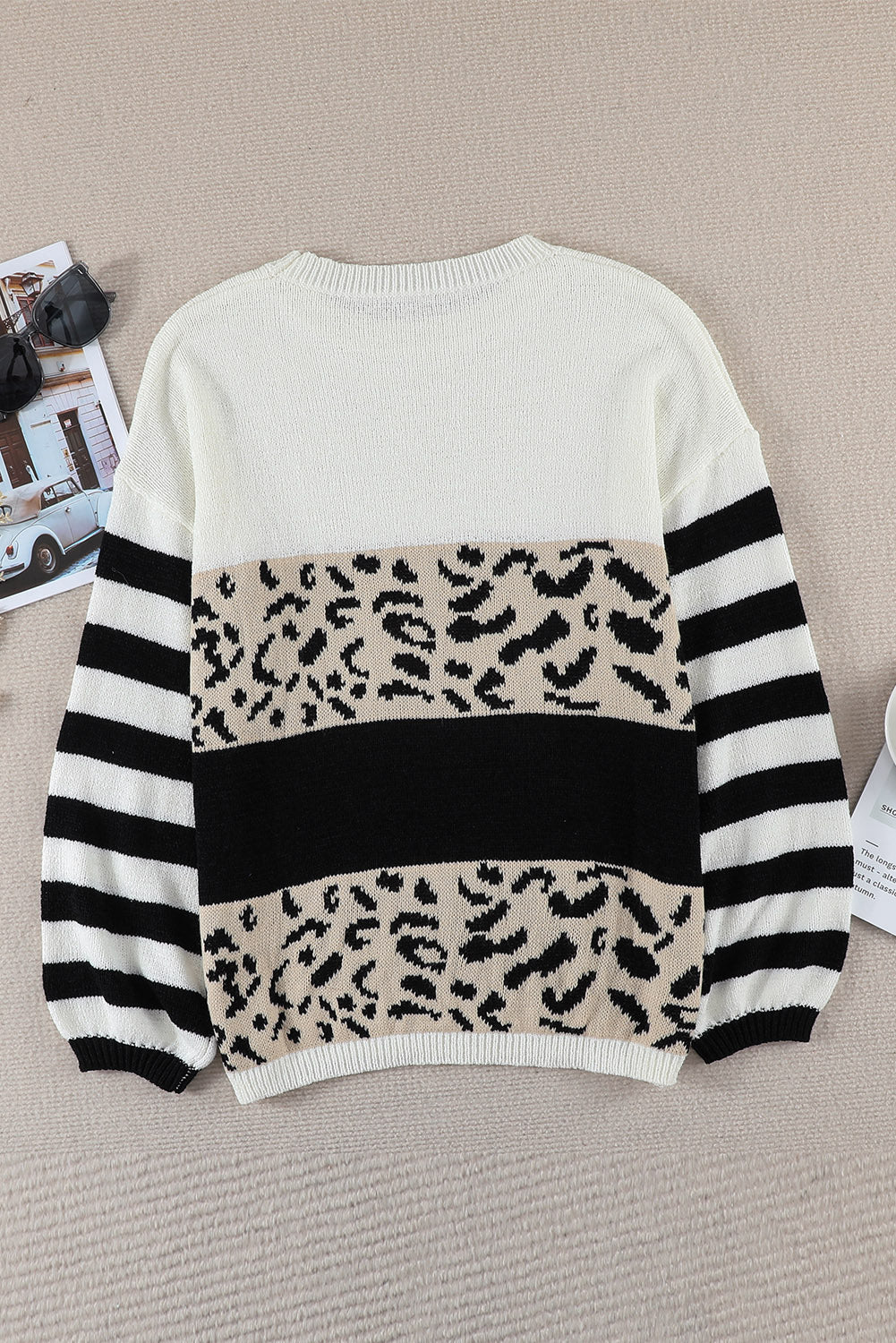 Slouchy Drop-Shoulder Leopard Striped Colourblock Sweater | White