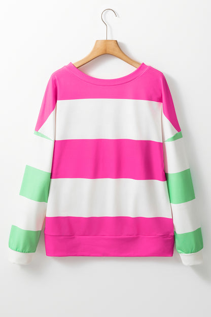 Colourblock Striped Drop Shoulder Long Sleeve Top | Rose Red