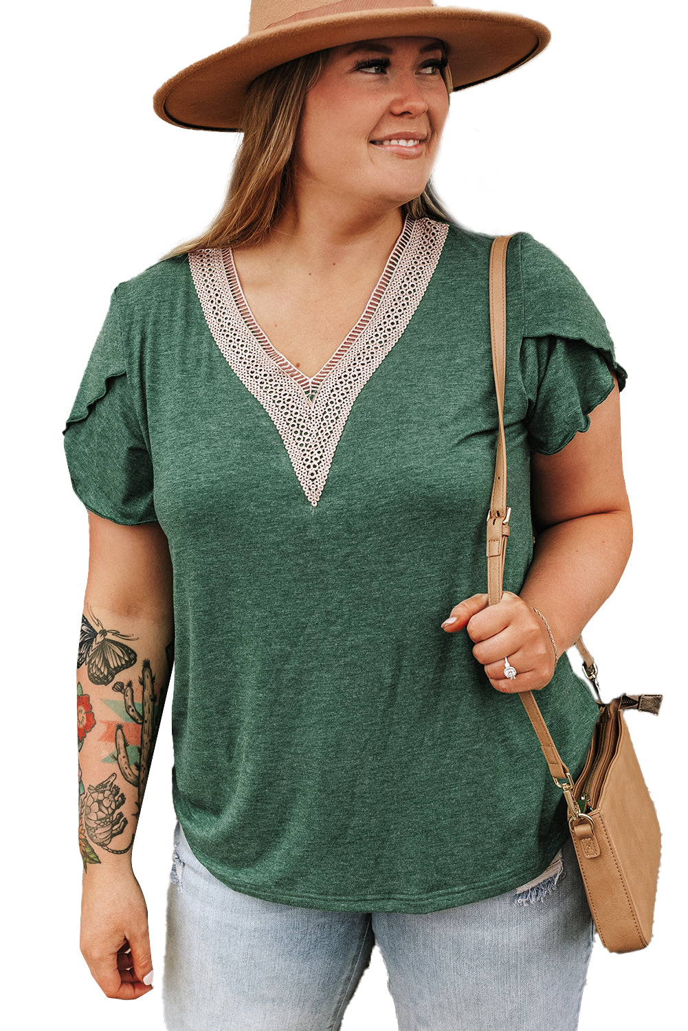 Plus Size Embroidery V Neck Draped Sleeve Blouse | Blackish Green