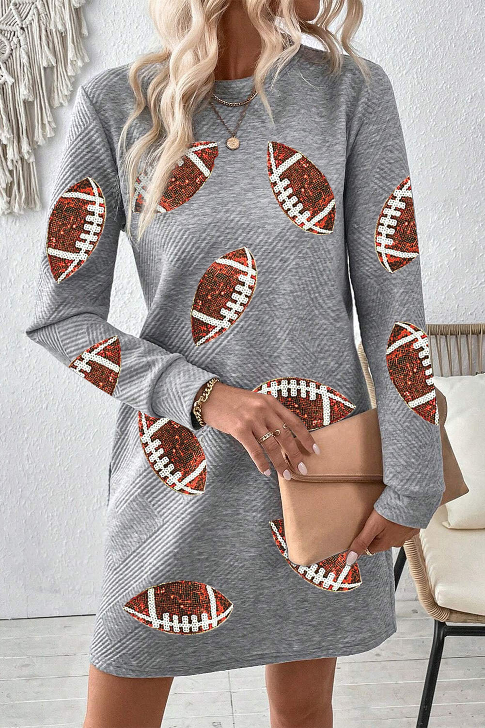 Sequin Rugby Football Graphic Textured Long Sleeve Shift Mini Dress | Gray