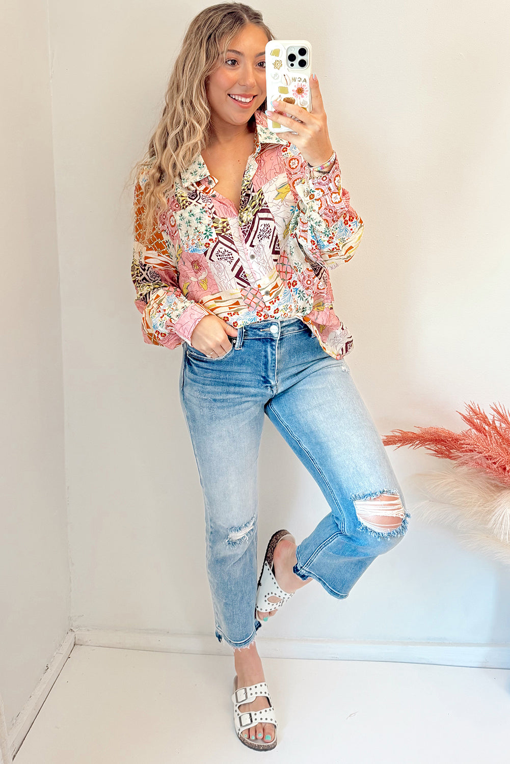 Abstract Colourful Printed Button Down Shirt | Pink