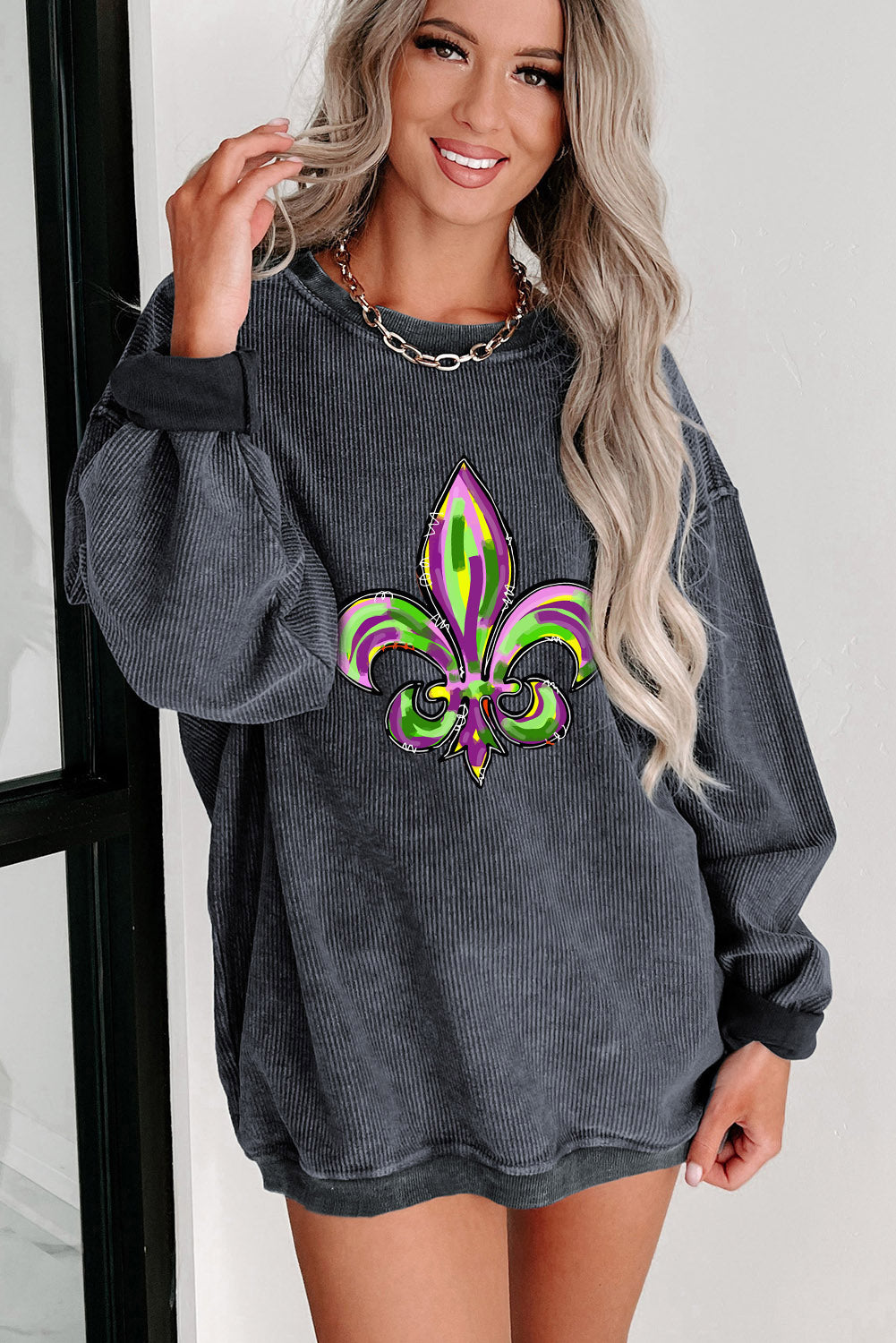 Mardi Gras Symbol Heat Transfer Corded Pullover Sweatshirt | Gray