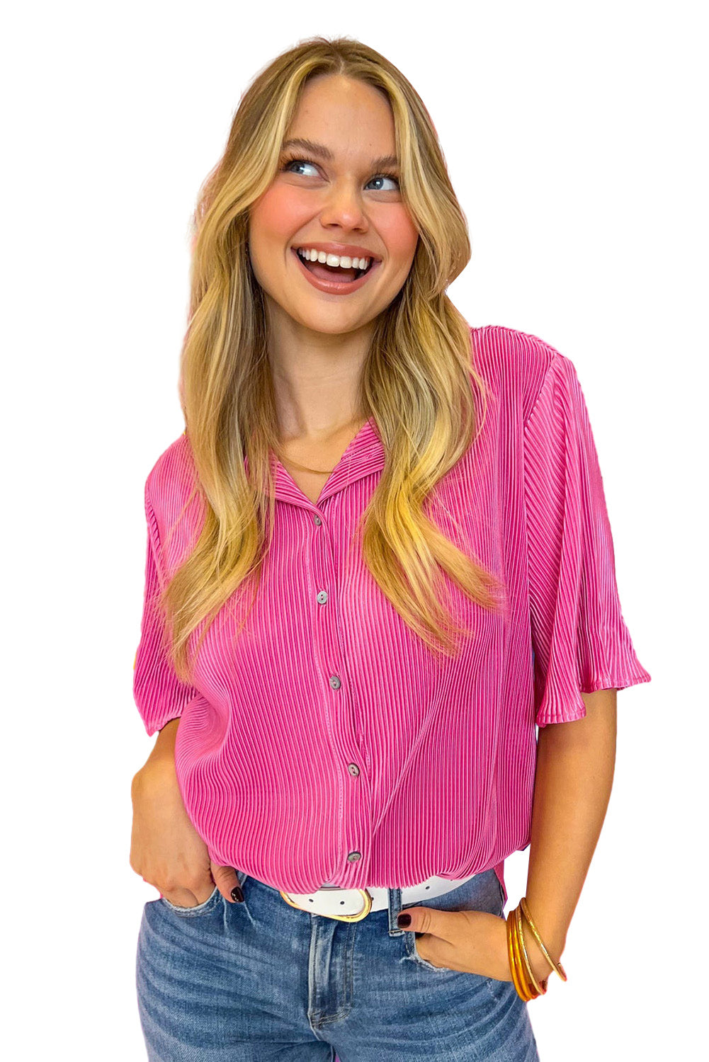 Satin Pleated Short Sleeve Shirt | Bright Pink