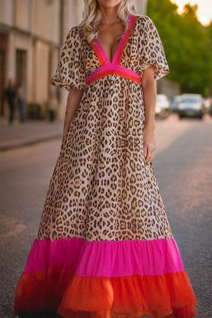 Leopard Colourblock Patchwork Bubble Sleeve Maxi Dress | Bright Pink