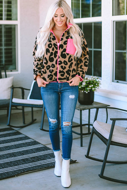 Colourblock Pocket Zipper Fuzzy Fleece Jacket | Leopard