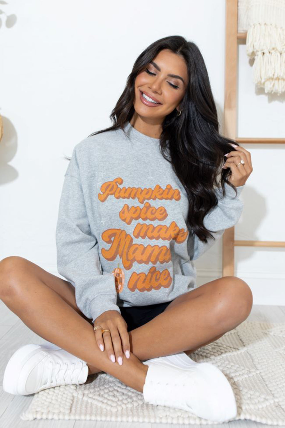 Pumpkin Spice Makes Mama Nice Round Neck Sweatshirt | Gray