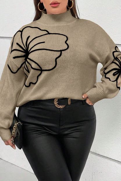 Plus Size Big Flower Pattern High Neck Drop Shoulder Sweater | Dark Khaki