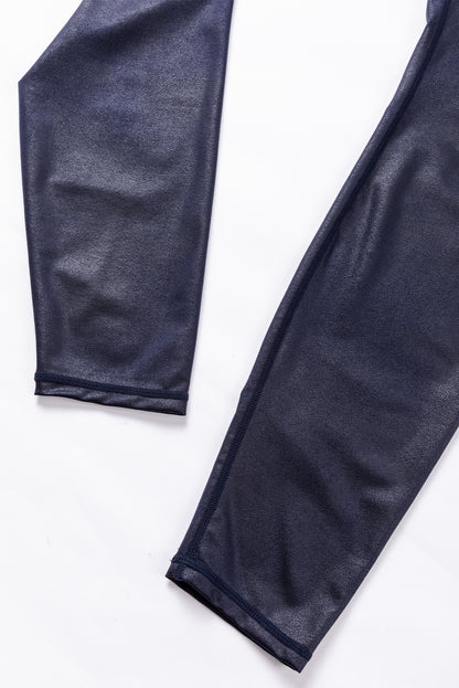 Crossed Dip Waist Sleek Leather Leggings | Navy Blue