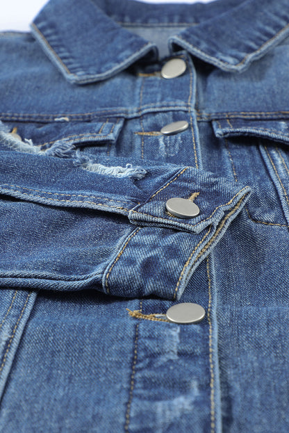 Lapel Distressed Raw Hem Buttons Denim Jacket | Blue