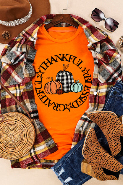 Thankful Blessed Grateful Pumpkin Graphic T Shirt | Orange