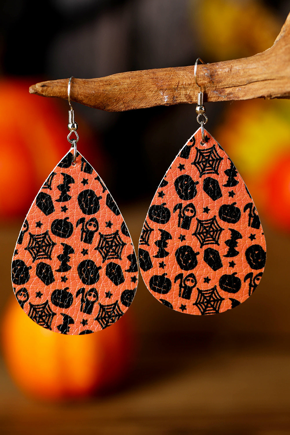 Orange Halloween Pumpkin Spider Web Bat Print Drop Earring