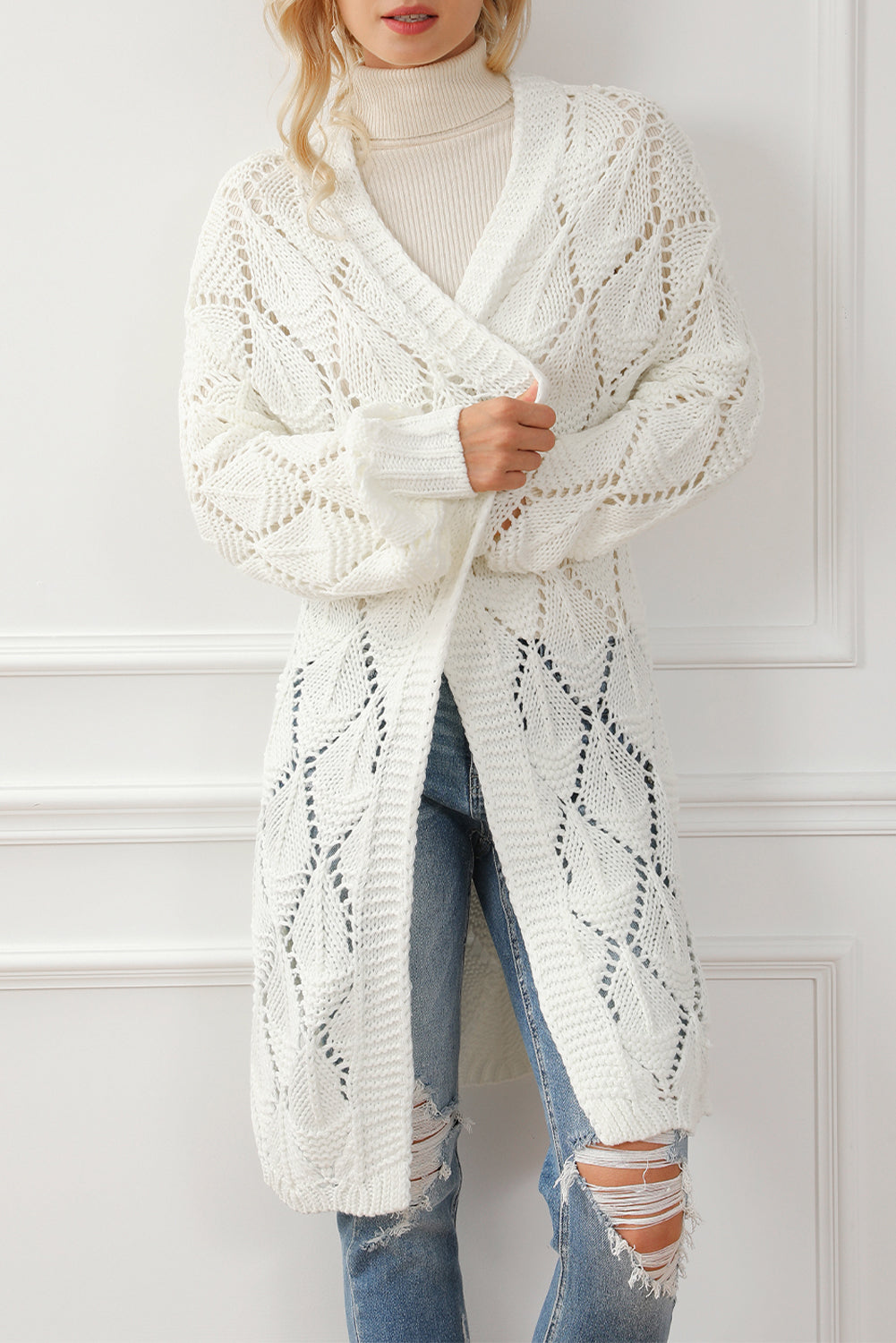 Rhombus Hollowed Knit Open Front Cardigan | White