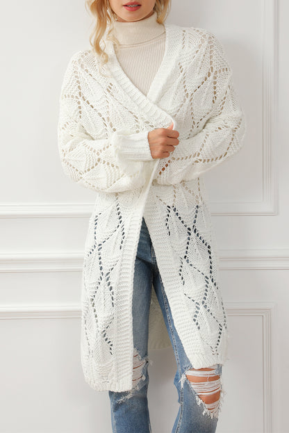 Rhombus Hollowed Knit Open Front Cardigan | White