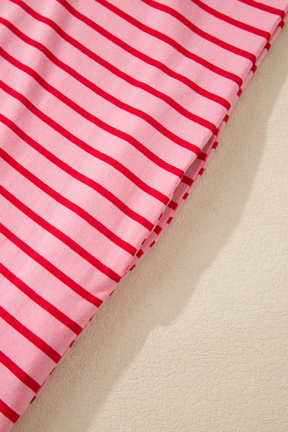 Striped 3/4 Sleeve Round Hem Shift T Shirt Dress | Strawberry Pink