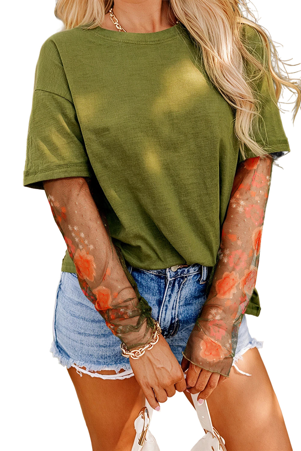 Faux Two Piece Floral Long Sleeve Patchwork Tee | Fern Green