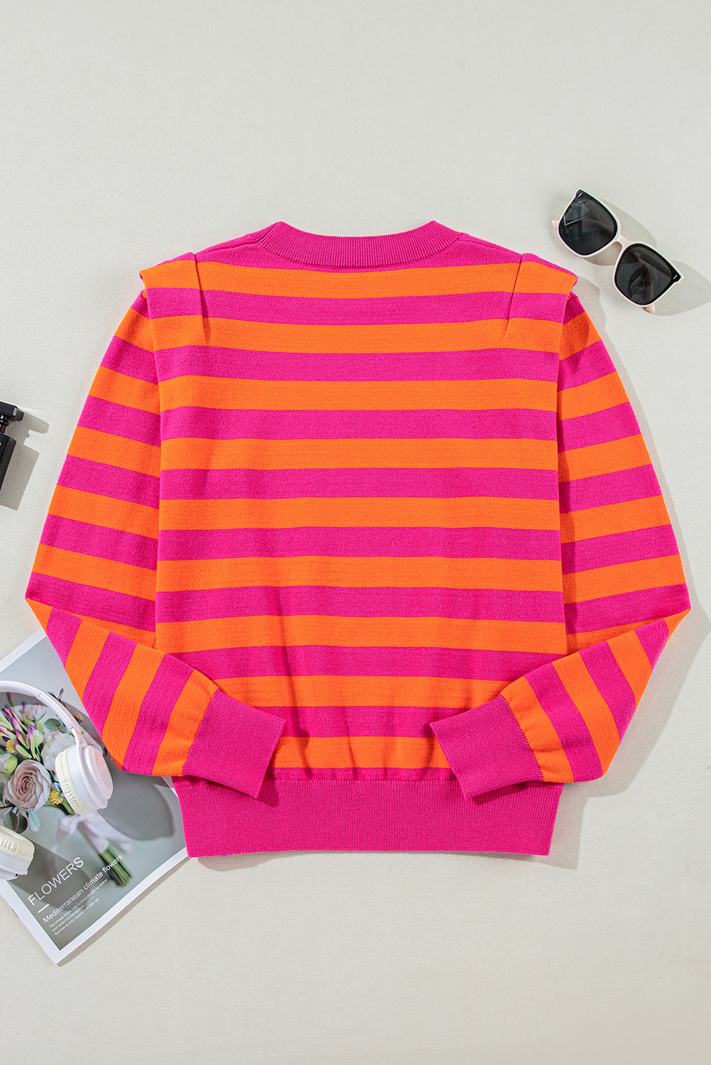 Shoulder Pad Round Neck Sweater | Rose Stripe