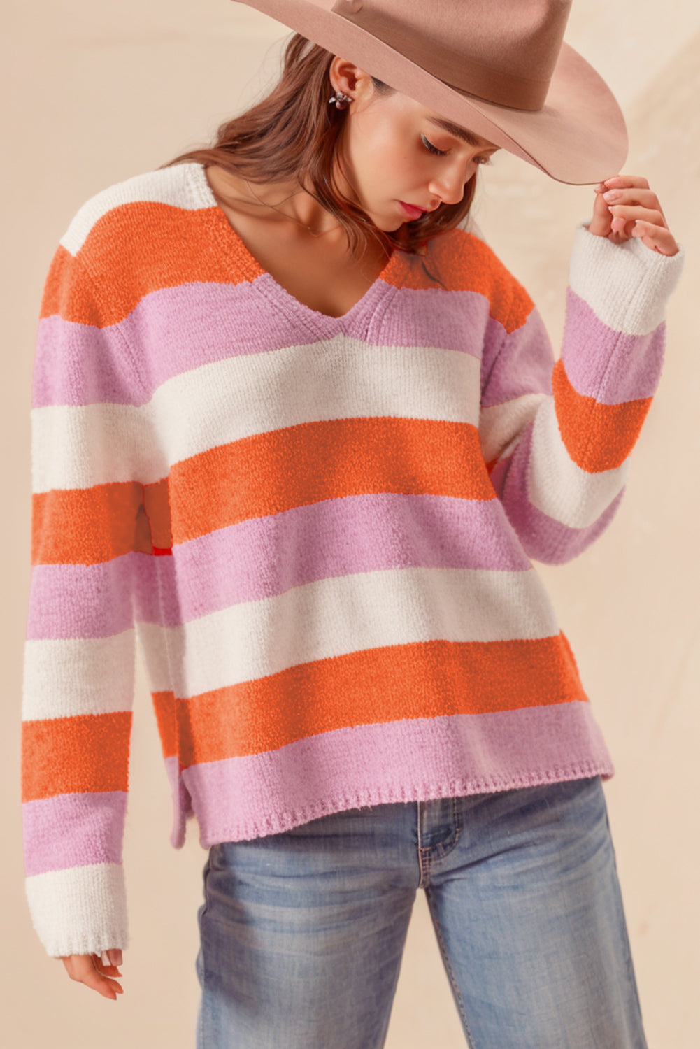 Colourblock V Neck Casual Sweater | Orange Stripe