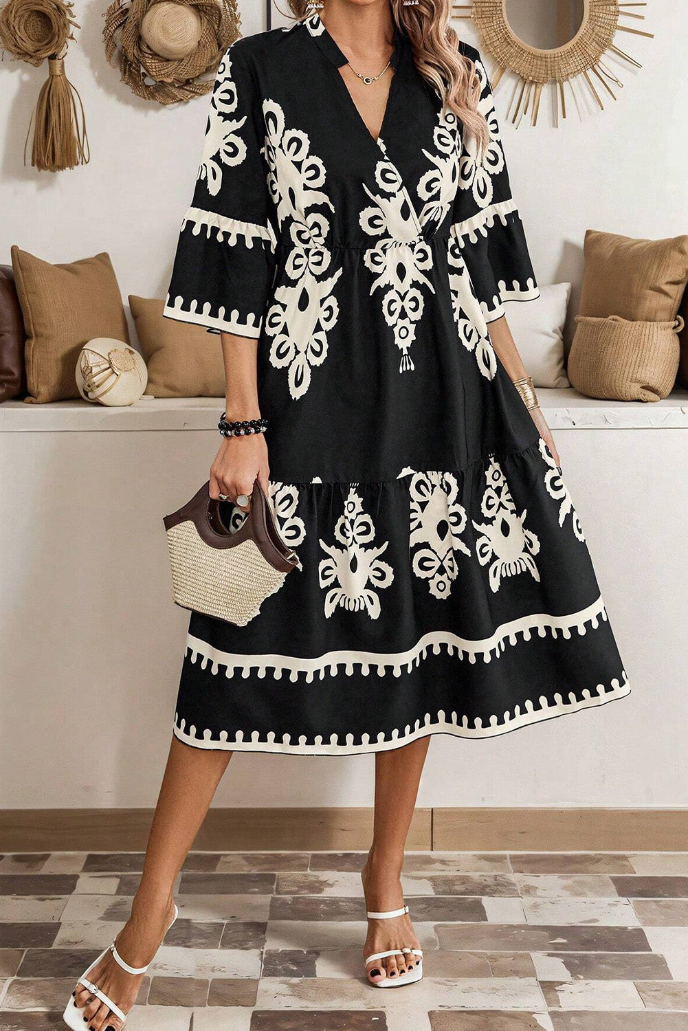 Western Geometric Print 3/4 Sleeve Loose Midi Dress | Black