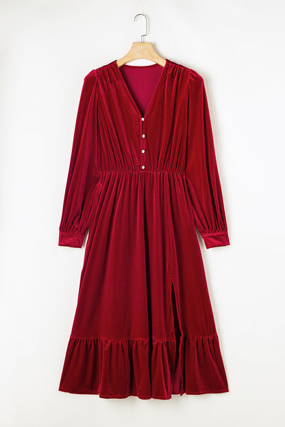 Velvet Buttoned Puff Sleeve V Neck Split Midi Dress | Racing Red